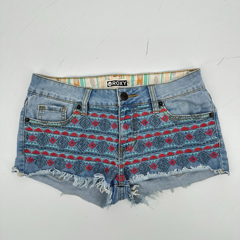 ROXY Embroidered Denim Shorts Tribal‎ Y2K Boho Surf Low Rise Juniors 9 Festival